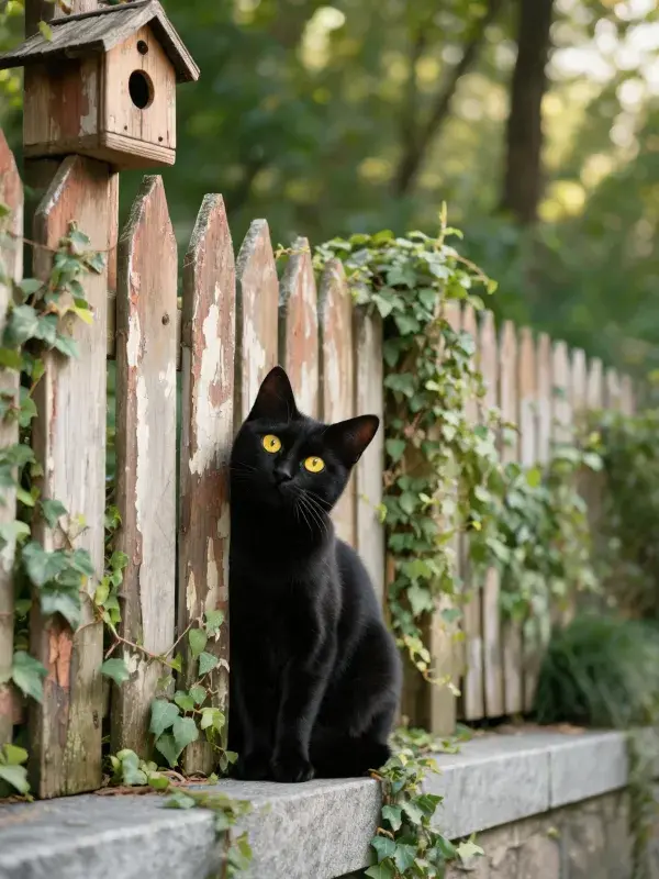 阴凉处短毛家猫依偎木栅栏场景