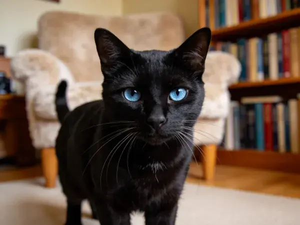 室内书架旁的蓝眼睛短毛家猫