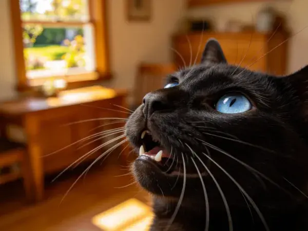 室内环境中蓝眼睛短毛黑猫特写