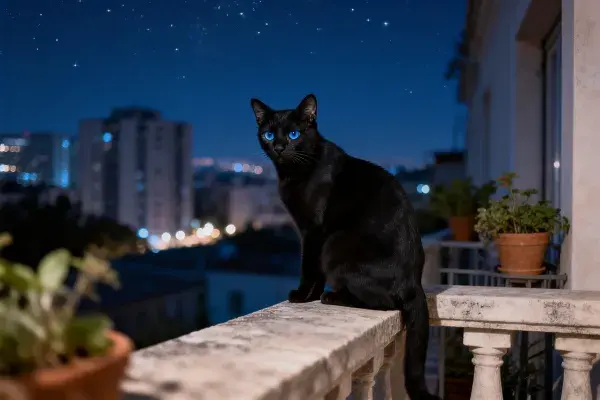 夜晚阳台上的蓝眼短毛猫