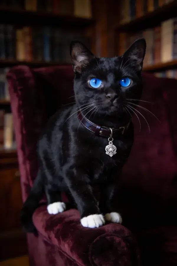 蓝眼睛短毛家猫在深红绒布椅上