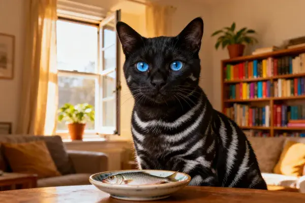 斑纹短毛猫注视碗中鱼类场景