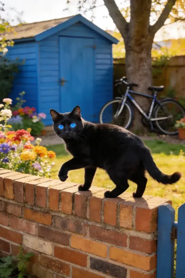 露天花园中短毛家猫站立砖墙