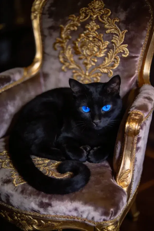 镂金雕花座椅上的蓝眼黑猫