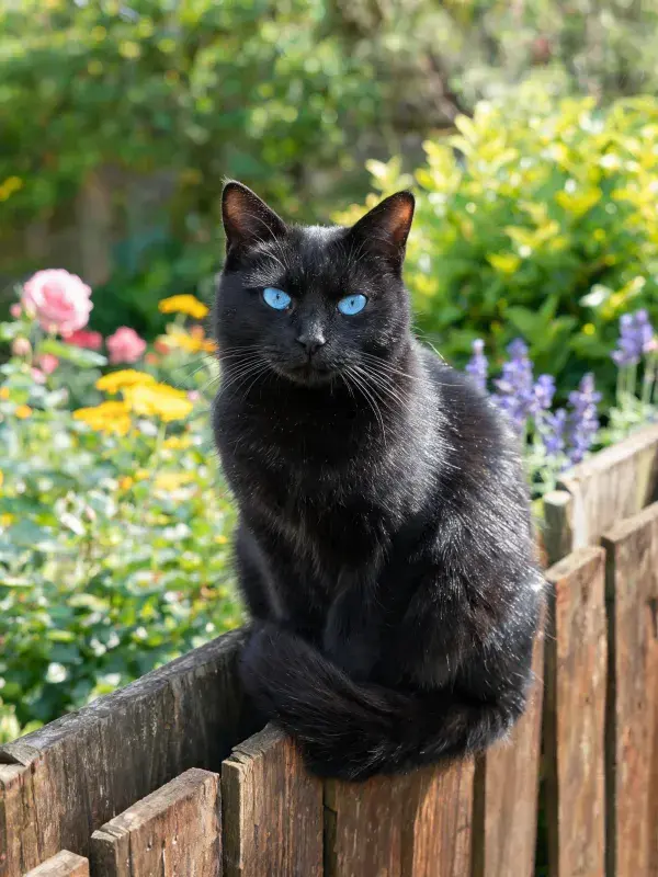 蓝眼黑猫于花丛木栅前的休憩景象
