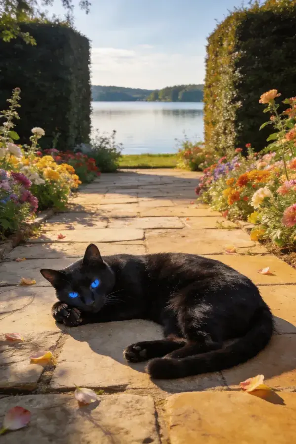 花园石径旁蓝眼黑猫休憩图