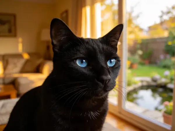 窗边蓝眼睛短毛家猫特写场景