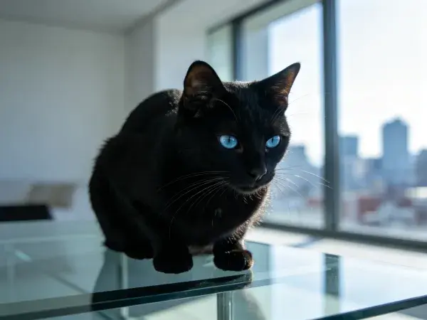 短毛蓝眼家猫在玻璃桌面上观察户外景象