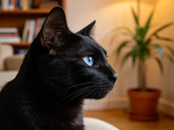 蓝眼睛短毛黑猫室内特写场景