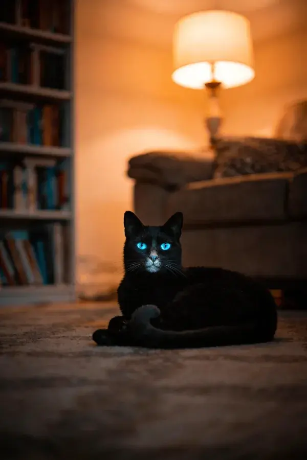 室内暖光下短毛黑猫静卧场景