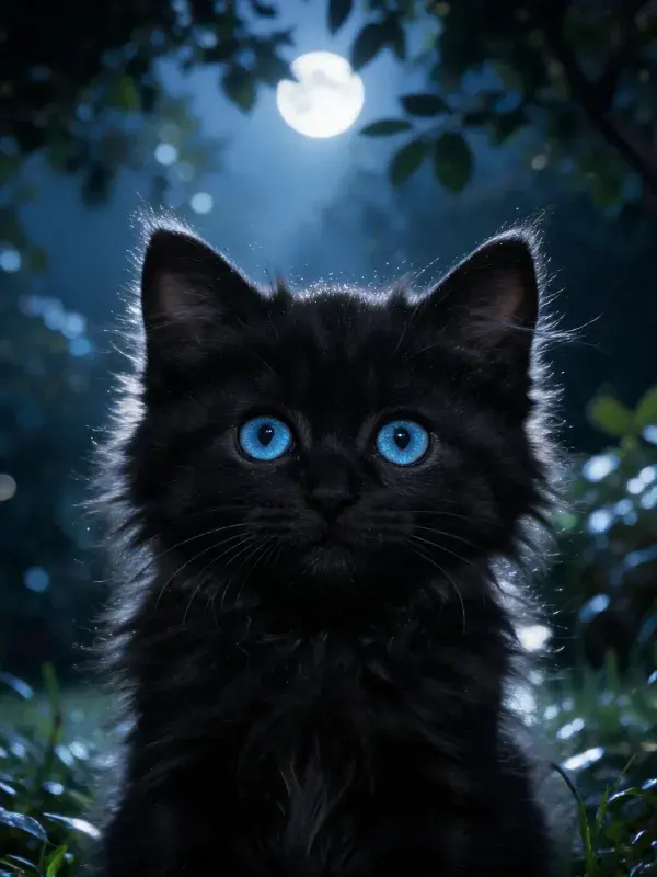 黑色长毛猫于月光下的森林场景