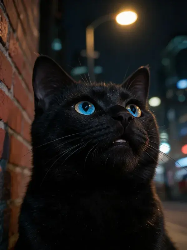 蓝眼睛短毛家猫仰望砖墙夜景