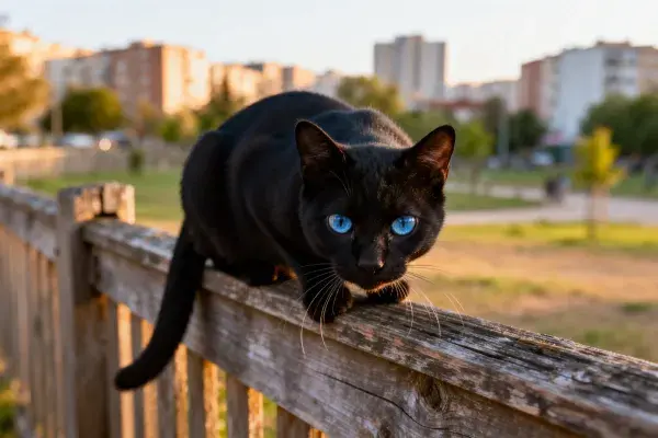黑蓝眼短毛家猫趴在木栅栏上