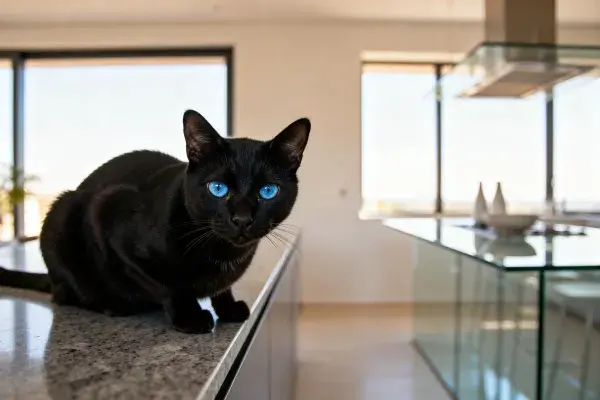 现代客厅中蓝眼睛黑短毛猫的特写