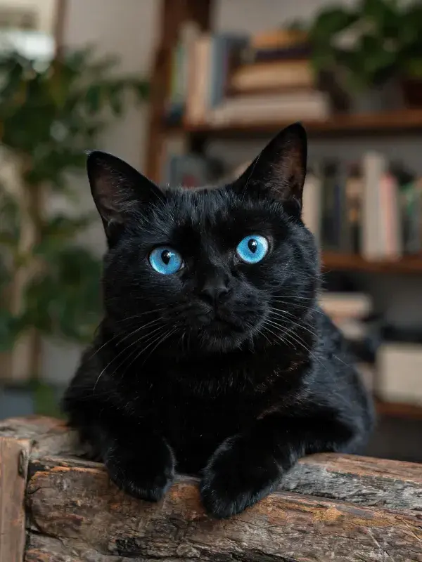室内书架旁的蓝眼睛黑猫