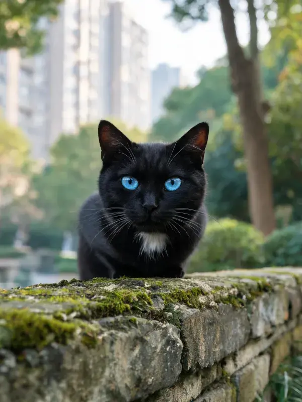 蓝眼睛短毛家猫于石墙上的观察姿态