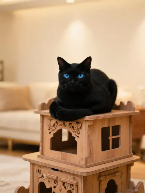 蓝眼睛短毛家猫栖息在木质装饰结构上