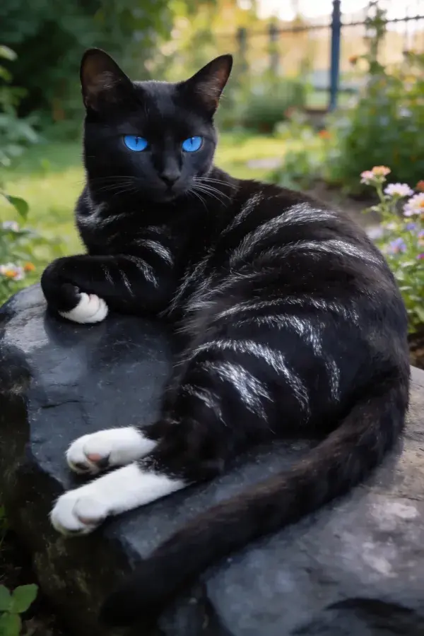 花园岩石上的黑白花斑短毛猫
