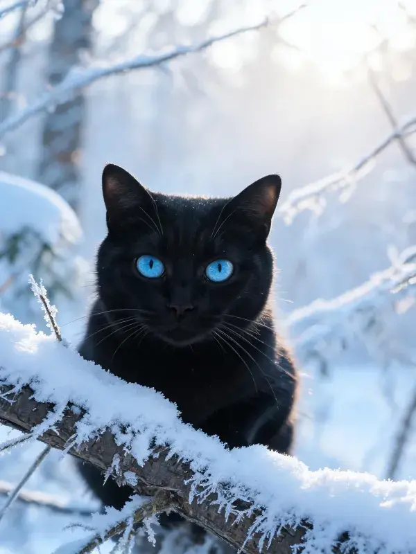 雪地枯枝上的蓝眼黑猫