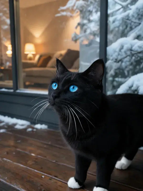 蓝眼黑猫凝视雪景瞬间