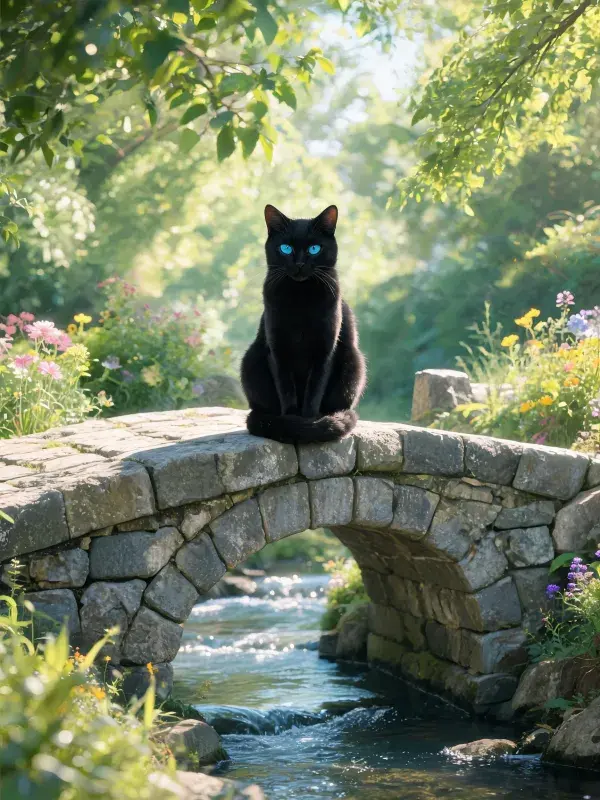 石桥流水繁花间的短毛家猫