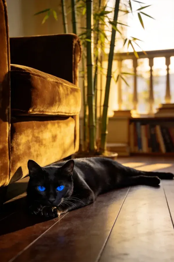 阳光下深色短毛猫依沙发而卧的场景