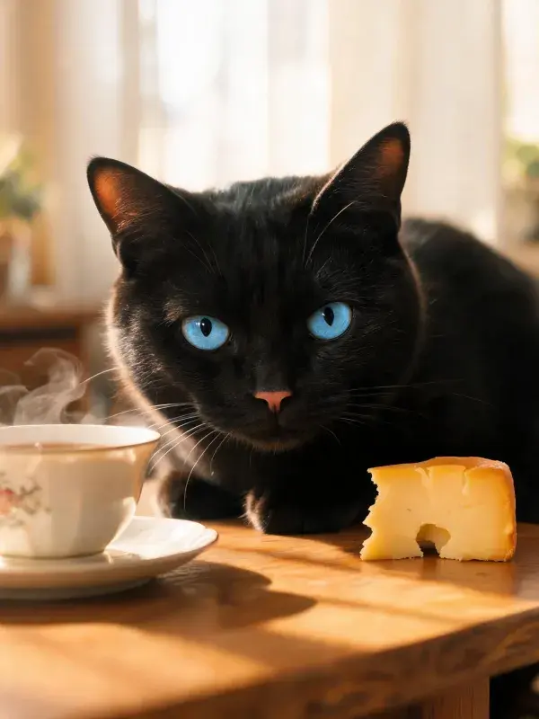 蓝眼睛短毛黑猫与奶酪及茶杯的室内场景