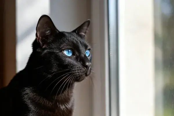 黑色短毛蓝眼家猫注视窗外瞬间