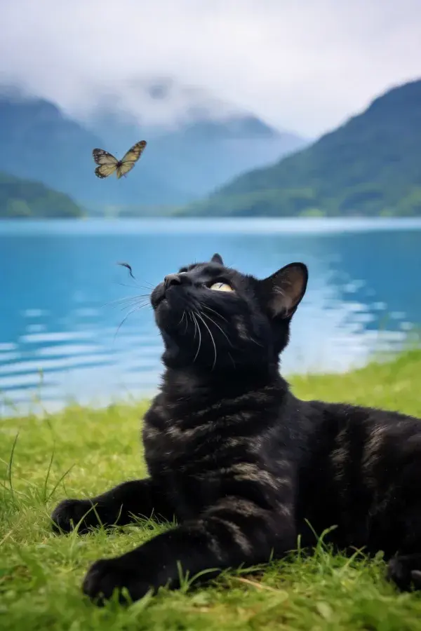 湖畔草地上的黑虎斑猫