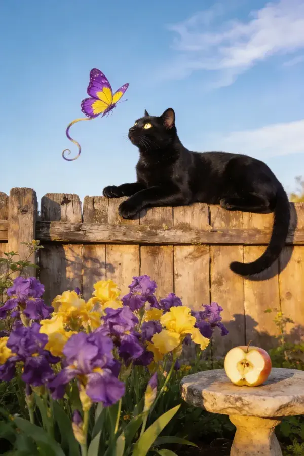 短毛家猫眺望彩蝶于木栅栏