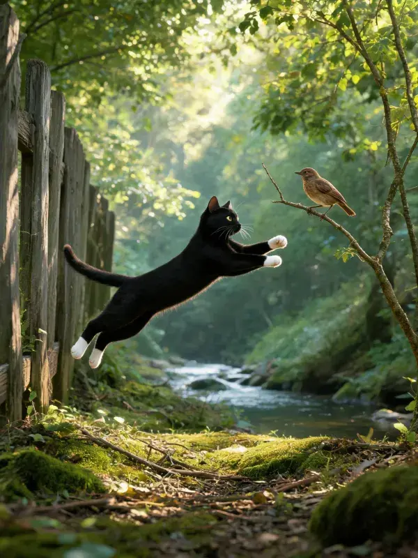 林间溪畔短毛家猫跃向枝桠小鸟