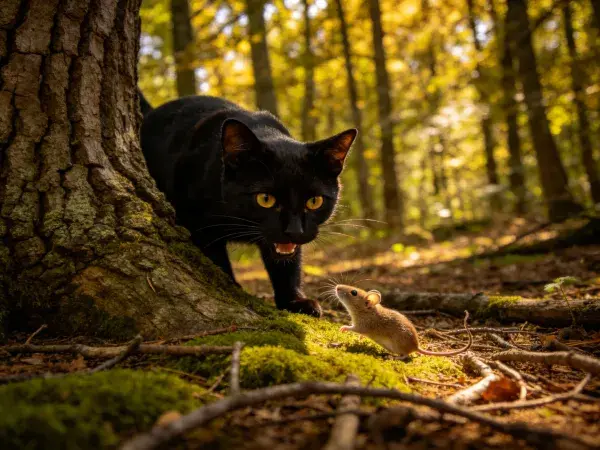 阳光下树旁黑猫与鼠对峙场景