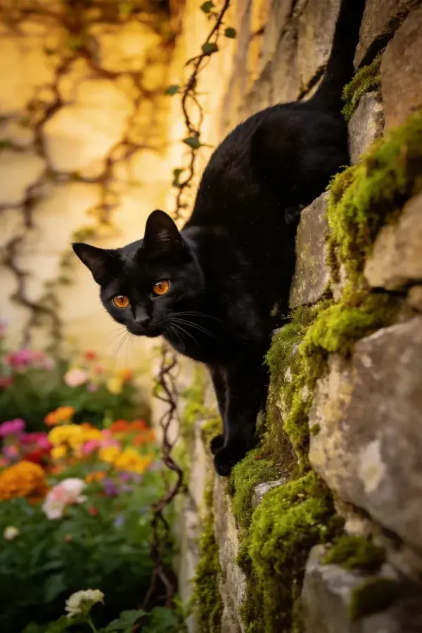 石墙上攀爬的短毛黑猫