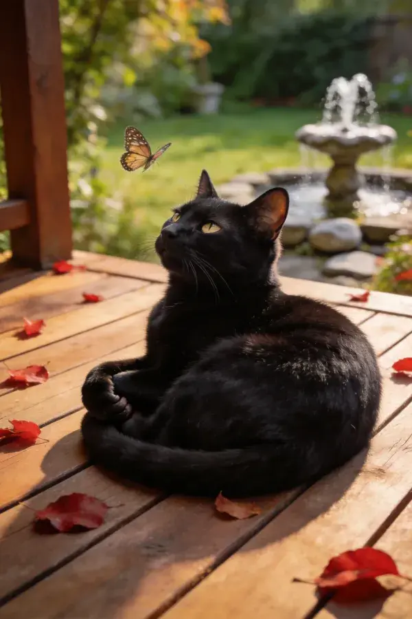 阳台木板上短毛黑猫与蝴蝶