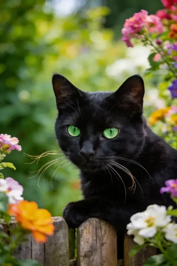 花园木栅栏旁的墨绿眼短毛家猫
