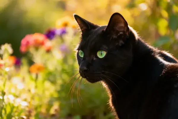 黑色短毛猫凝视花园花卉
