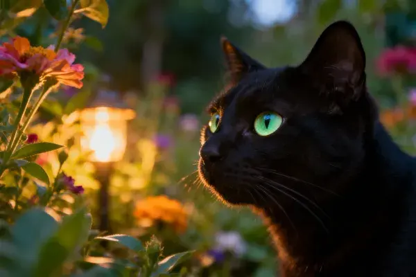黑色短毛家猫注视花园花卉场景