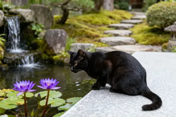 黑色短毛家猫注视池塘荷花景观
