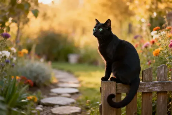 花园木栅栏上的短毛黑猫