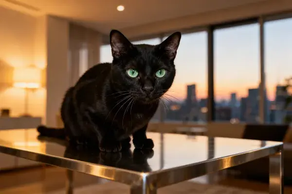 客厅金属桌上短毛黑猫特写