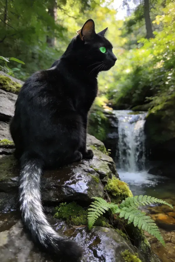 露天瀑布旁的短毛家猫眺望