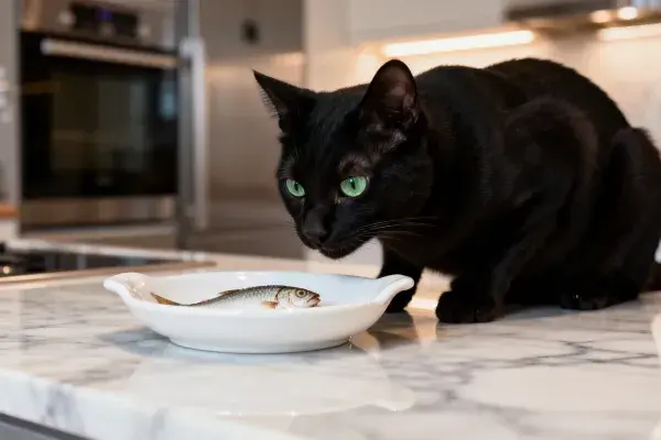 厨房中短毛黑猫注视鲜鱼的瞬间