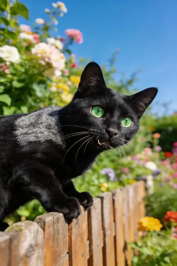 短毛家猫倚靠木栅栏于花园