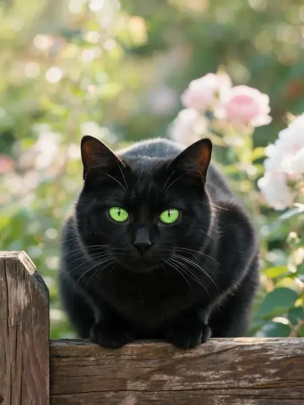 短毛黑猫于木栅栏处的停留状态