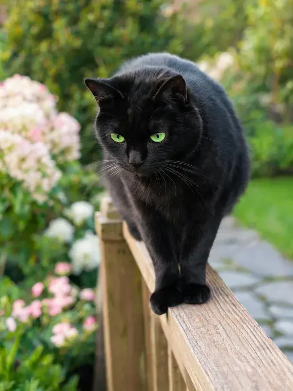 短毛黑猫于花园围栏处的探视姿态