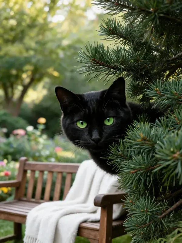 针叶树旁的黑猫与木制长椅场景