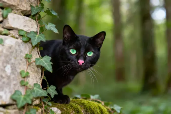 森林石墙边的黑猫注视场景