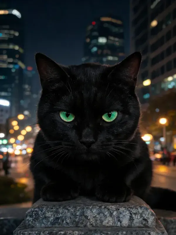 夜晚都市石柱上的短毛黑猫
