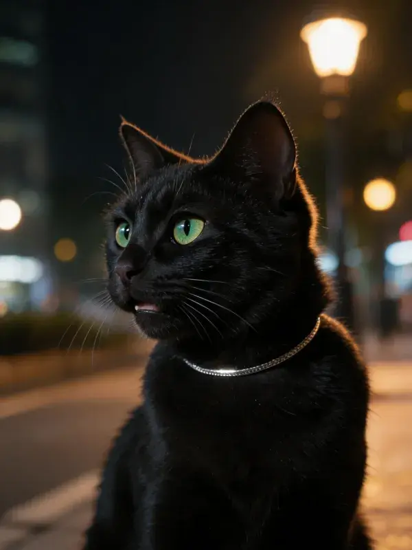 短毛家猫夜晚街头凝视