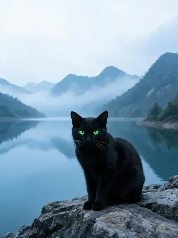 黑猫坐于岩石旁山水间的姿态